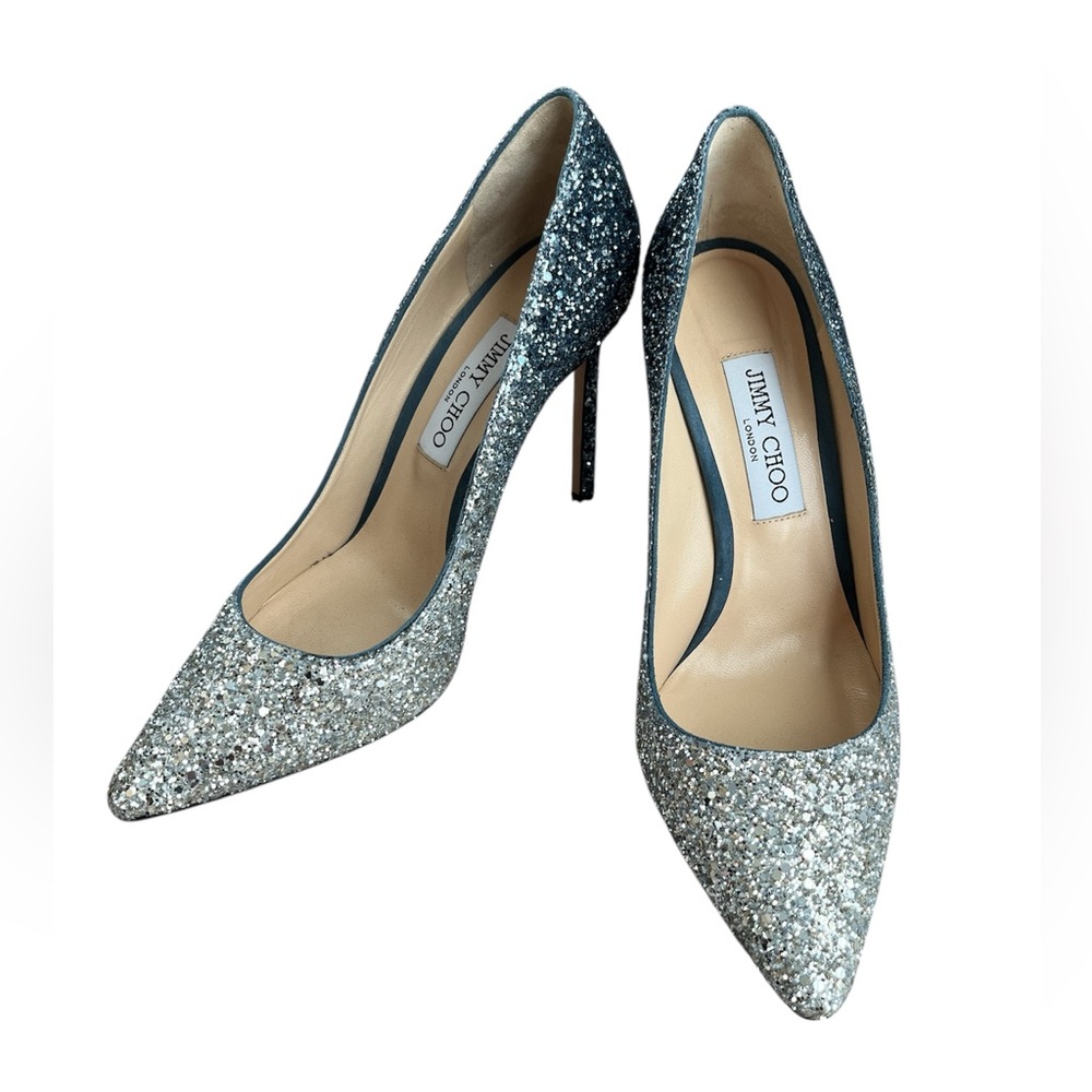 🌺 Jimmy Choo Romy 85 Glitter Ombré Silver Glitter Pumps